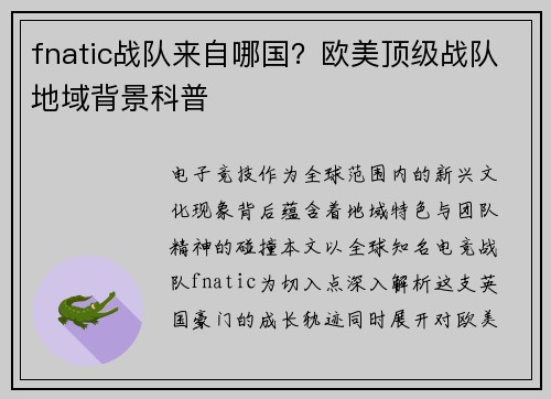 fnatic战队来自哪国？欧美顶级战队地域背景科普